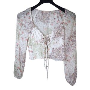 Crop Corset Style Sheer Floral Top Blouse White Pink Lavendar Size Medium